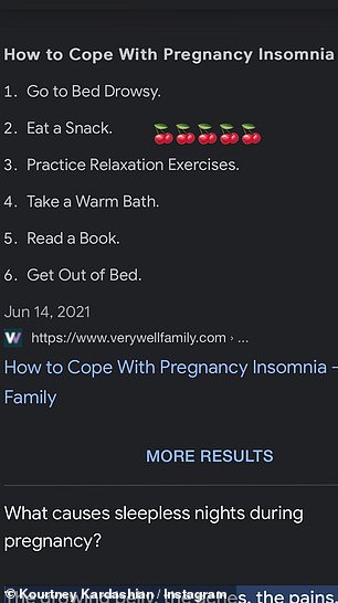 Бессонные ночи: в среду звезда реалити-шоу поделилась скриншотами своей недавней истории поиска в Google, все из которых касались бессонницы во время беременности.