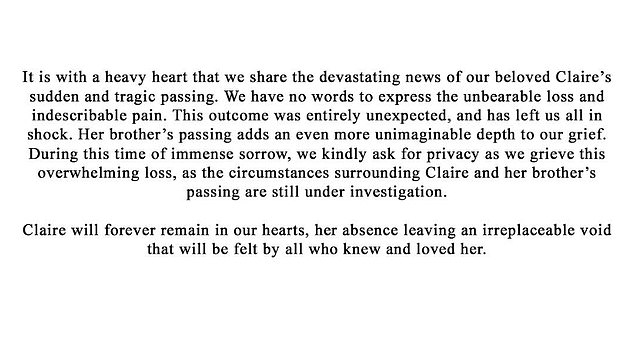 Шокирующее заявление: в сообщении, опубликованном в аккаунте подростка в Instagram, говорилось, что она и ее 21-летний брат умерли, ссылаясь на ее имя при рождении, Клэр Хоуп.