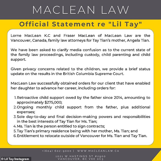 В пятницу в аккаунте Lil Tay в Instagram было опубликовано заявление их юридической команды Лорна Маклина KC и Фрейзера Маклина из MacLean Law от имени матери Тэя Анжелы.