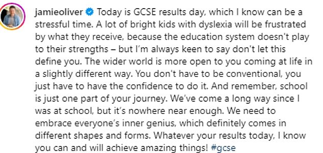 Написав в Instagram, он написал: «Сегодня день результатов GCSE, и я знаю, что это может быть напряженное время».