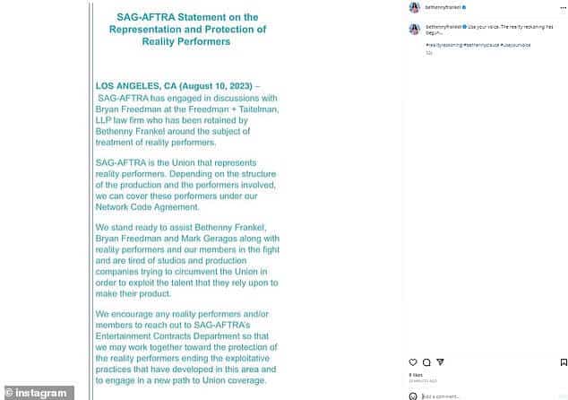 Драматическое новое обновление: SAG-AFRA заявила, что поддерживает Бетенни Франкель и звезд реалити-шоу в борьбе с реальностью против студий.
