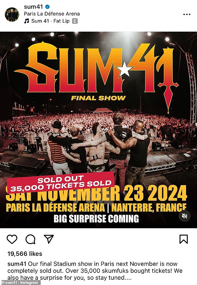 Лебединая песня: Буквально на прошлой неделе Sum 41 объявили, что их последнее шоу в Париже в ноябре 2024 года уже распродано