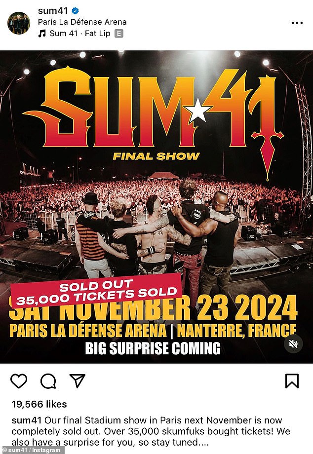 Лебединая песня: Буквально на прошлой неделе Sum 41 объявили, что их последнее шоу в Париже в ноябре 2024 года уже распродано
