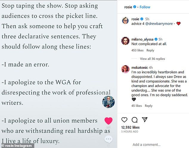 В своем посте в Instagram О'Доннелл опубликовала несколько советов из эссе, написанного Элизабет Грей.  Актриса Алисса Милано согласилась с мнением О'Доннелла.