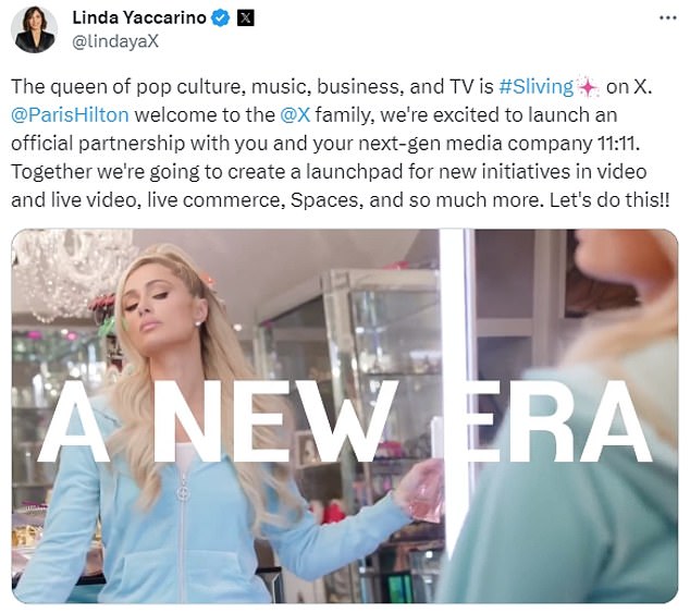 После того, как появилась новость, Линда написала: «Королева поп-культуры, музыки, бизнеса и телевидения — #Sliving on X. @ParisHilton добро пожаловать в семью @X, мы рады начать официальное партнерство с вами и вашим следующим -генеральная медиакомпания 11:11.'