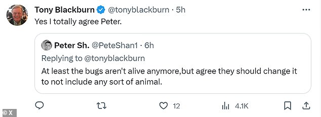 Мнение: Тони сказал, что он «полностью согласен» с одним пользователем, который сказал, что «им следует изменить это, чтобы не включать в него никаких животных».
