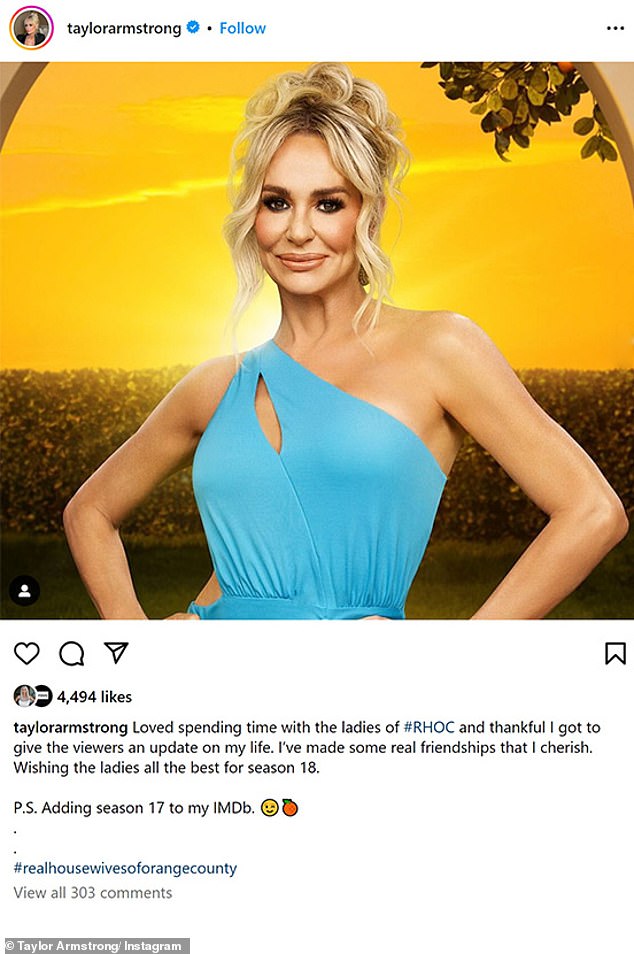 В среду она написала в Instagram: «Мне нравилось проводить время с дамами из #RHOC, и я благодарна, что смогла рассказать зрителям новости о своей жизни».