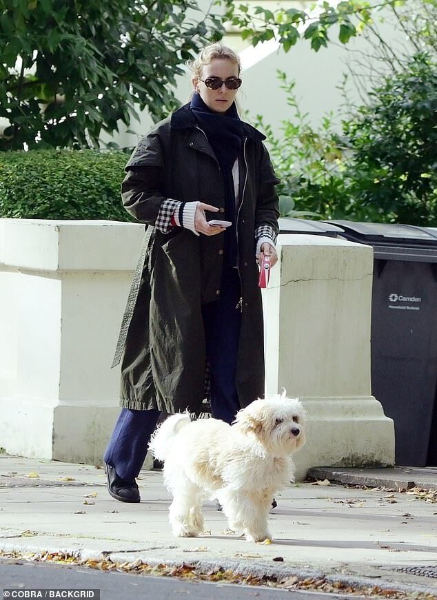 Джоди Комер выглядит непринужденно в плаще цвета хаки и снимает макияж без макияжа, выходя на прогулку с собакой.