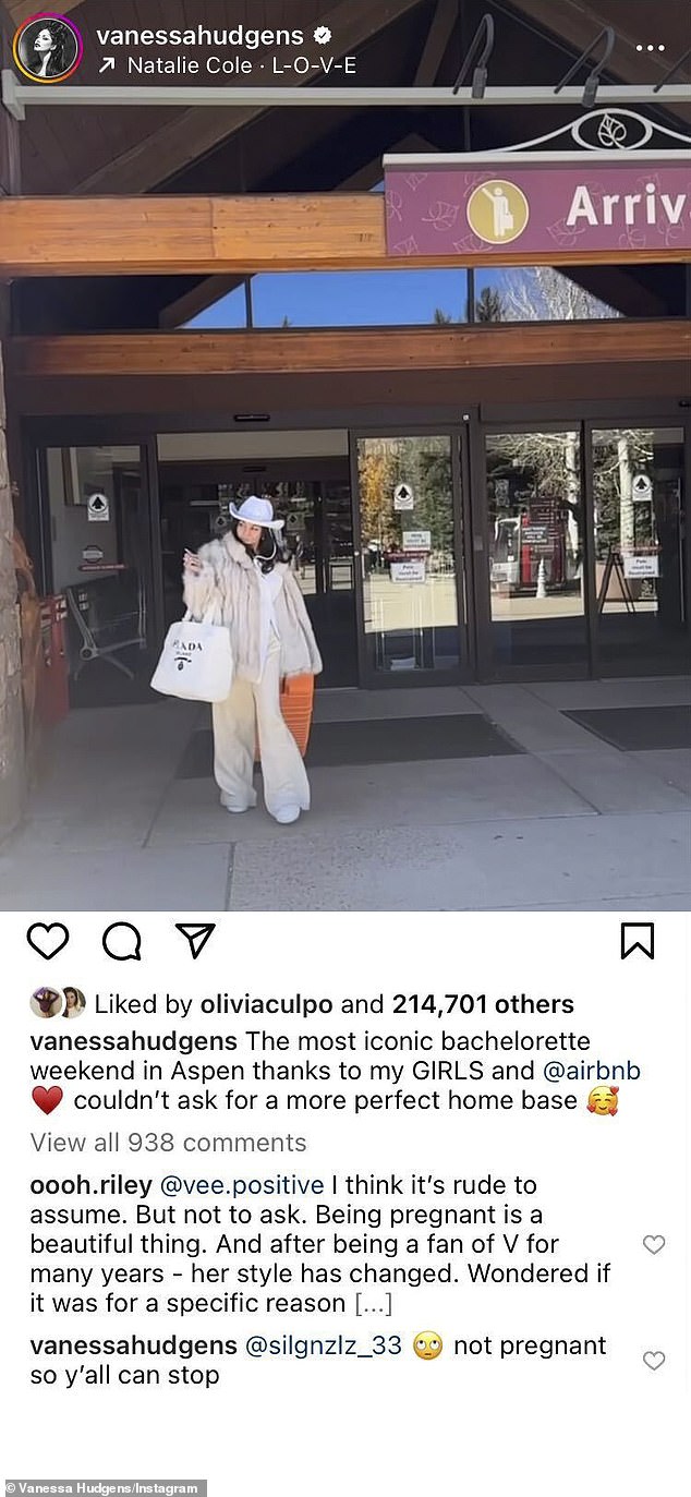 Еще в октябре Ванесса опровергла слухи о беременности после того, как подписчики в Instagram спросили, ждет ли она ребенка.