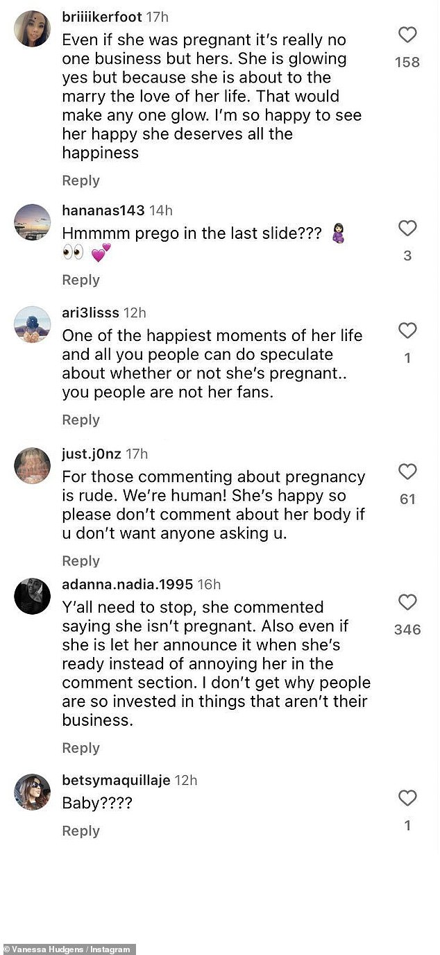 Другие встали на защиту Ванессы, сказав: «Для тех, кто комментирует беременность, это грубо.  Мы люди!  Она счастлива, поэтому, пожалуйста, не комментируйте ее тело, если не хотите, чтобы вас спрашивали.