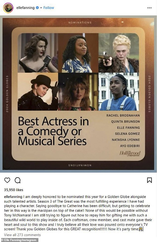 В понедельник утром Элль зашла в Instagram, чтобы выразить свою благодарность после того, как она была номинирована на «Золотой глобус» (лучшая женская роль в телесериале – мюзикле или комедии) за роль в фильме «Великий»