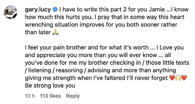Его коллега по фильму Гэри Люси поделился своей поддержкой, оставив сердечный комментарий под постом Джейми.
