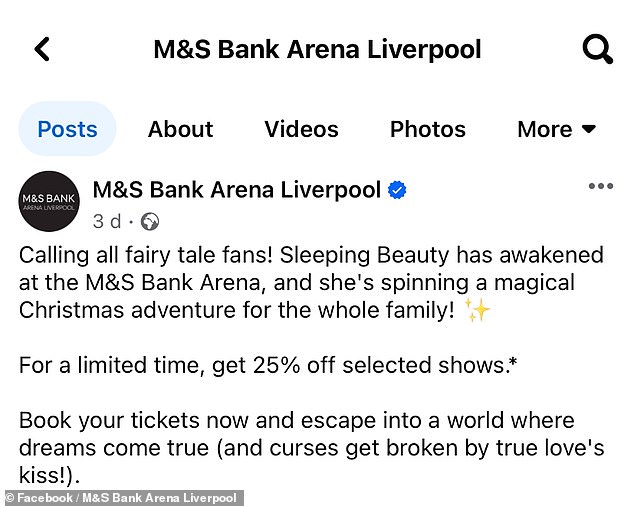 Арена M&S Bank Arena в Ливерпуле, где проходит пантомима, предлагает 25-процентную скидку на билеты на «Спящую красавицу» в разгар драмы.