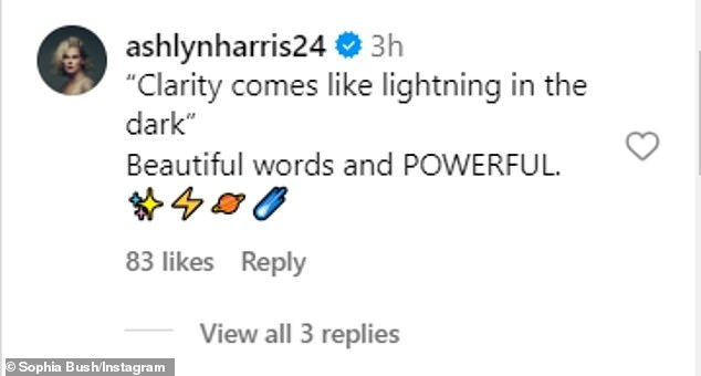 Подруга Софии с октября — Эшлин Харрис — прокомментировала ее пост в Instagram: «"Ясность приходит, как молния во тьме," Красивые слова и сильные!»
