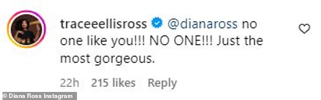 Ее дочь Трейси Эллис Росс была одной из первых, кто поставил лайк и прокомментировал этот пост, написав: «Никто такой, как ты!!!  НИКТО!!!  Просто самый великолепный'