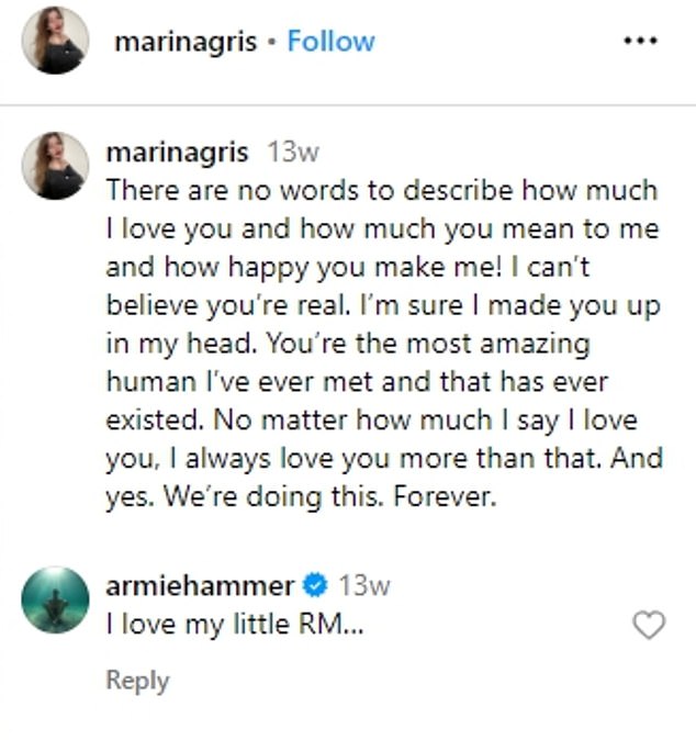 Сам Хаммер не делился многими обновлениями в своем аккаунте в Instagram, но не уклонялся от публичных любвеобильных комментариев к постам своей девушки.