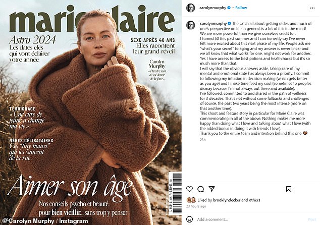 Рассказывая о своей новой кавер-версии Marie Claire, она прокомментировала свой внешний вид в подписи к Instagram.  «Загвоздка в том, что мы стареем, и большая часть взглядов на жизнь в целом заключается в том, что большая часть этого находится в уме!»  написал красотку