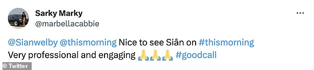 Поклонники дома поделились своими мыслями в Twitter/X, один человек написал: «Приятно видеть Сиан на #thismorning. Очень профессионально и увлекательно».