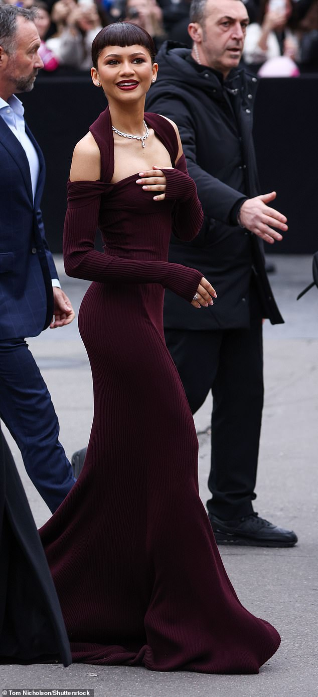Прибыв на мероприятие, Зендая была одета в бордовое платье с открытыми плечами и длинными рукавами в форме перчаток.