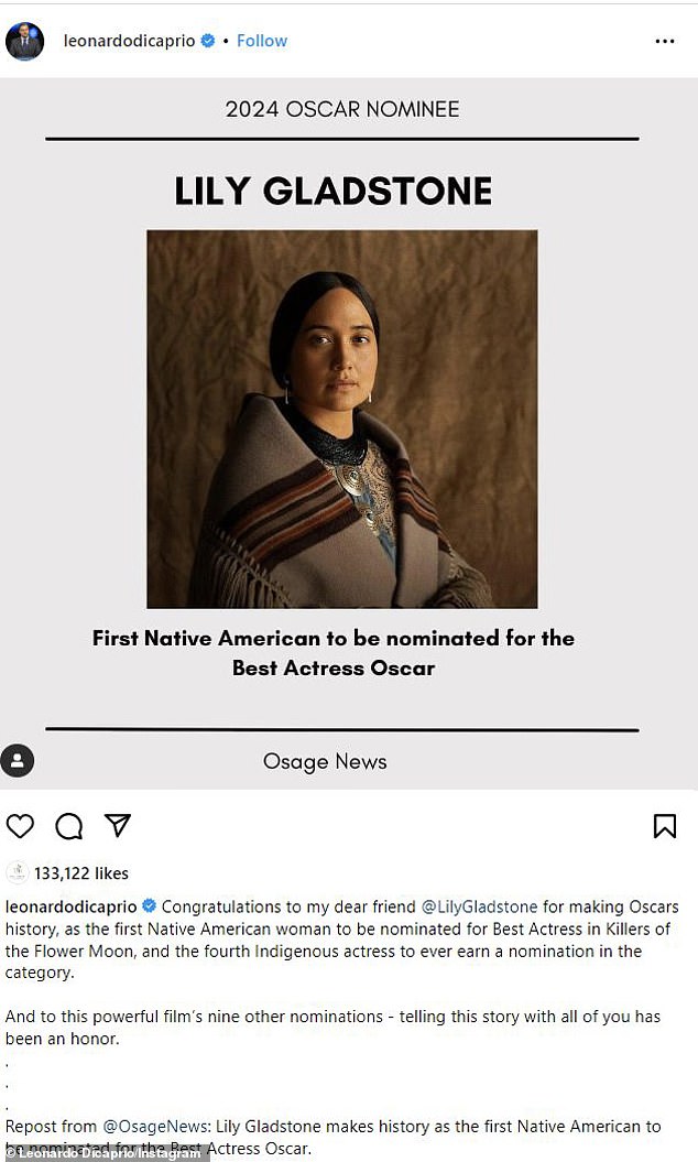 Ди Каприо, получивший премию «Оскар» за лучшую мужскую роль в фильме «Выживший» (2015), также поделился на своей странице в Instagram поздравительным постом о достижениях своей подруги, в котором рассказал, как она вошла в историю, будучи номинированной.