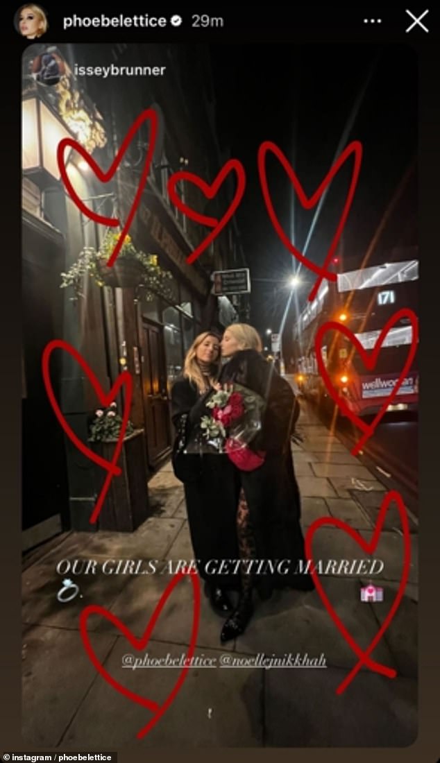 На другом изображении они двое держат огромный букет цветов и целуются на улице с подписью: «Наши девушки выходят замуж».