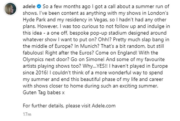 Адель написала в Instagram: «Сразу после Евро?  Давай, Англия!  Олимпиада рядом?  Давай, Симона!  А некоторые из моих любимых артистов тоже дают концерты?  Почему да!!'