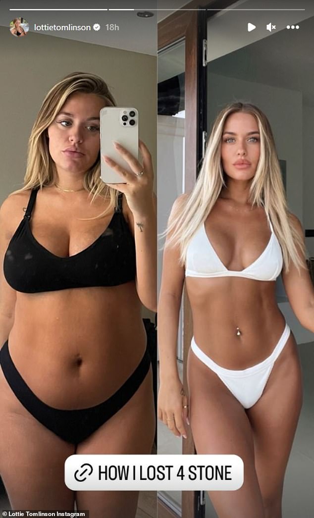 В прошлом году Лотти продемонстрировала свою невероятную потерю веса на четыре камня, поделившись фотографиями до и после в Instagram.