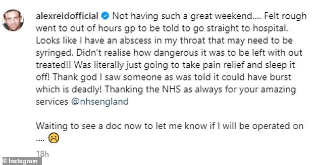 Поделившись снимком, когда он был подключен к больничной капельнице, Алекс объяснил, что ему сказали пойти в больницу после того, как он «чувствовал себя плохо» в течение нескольких дней.