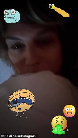 50-летняя Хайди Клум во вторник опубликовала в Instagram Stories клип, в котором она выглядела больной, прикованной к постели, и добавила несколько смайлов, чтобы проиллюстрировать свою точку зрения.