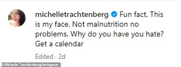 38-летняя бывшая детская звезда, у которой 1,1 миллиона подписчиков в Instagram/Twitter, написала в прошлую пятницу: «Забавный факт.  Это мое лицо.  Не недоедание, нет проблем.  Почему вы должны [to] ненавидеть?  Возьмите календарь'