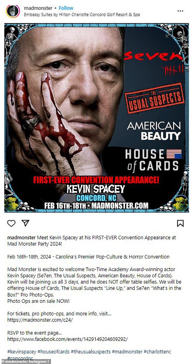 В этом месяце Спейси посетит трехдневную вечеринку Mad Monster Party 2024 — съезд, посвященный всем ужасам — в Северной Каролине.