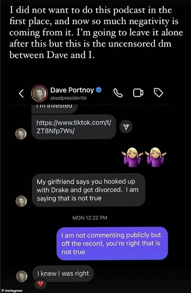 26-летняя подкастер наконец-то нарушила молчание по поводу разногласий между дуэтом, отметив, что они с рэпером не имеют сексуальных отношений в разговоре в DM с Дэйвом Портным.