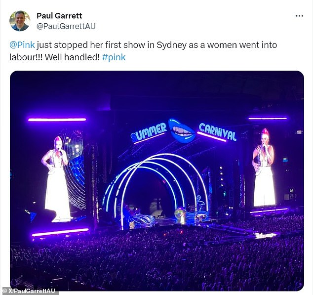 У Пинк был очень насыщенный первый вечер ее австралийского тура, поскольку ей также пришлось ненадолго остановить концерт, когда у фанатки начались схватки.