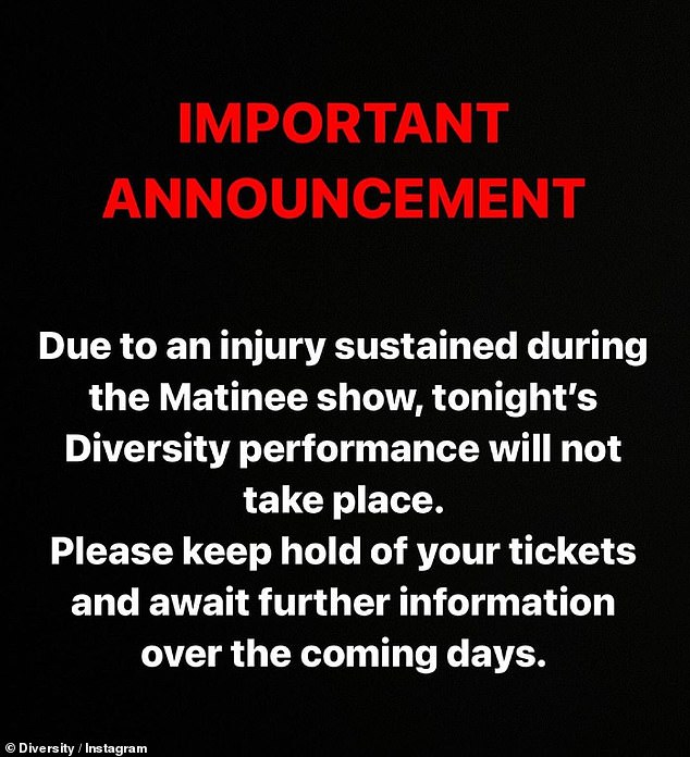 Поделившись публикацией на своей официальной странице в Instagram, Diversity написали: «ВАЖНОЕ ОБЪЯВЛЕНИЕ!! Из-за травмы, полученной во время выступления Matinee, сегодняшнее выступление Diversity не состоится».