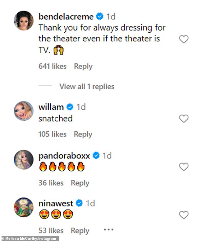Пост Маккарти в Instagram получил восторженные комментарии от выпускников RuPaul's Drag Race БенДеЛаКрема, Уиллама, Пандоры Бокса и Нины Уэст.
