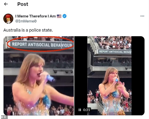 Клип выступления Тейлора на сцене с рекламой на заднем плане вызвал возмущение в социальных сетях в эти выходные.  «Австралия — полицейское государство», — написал американский пользователь X.