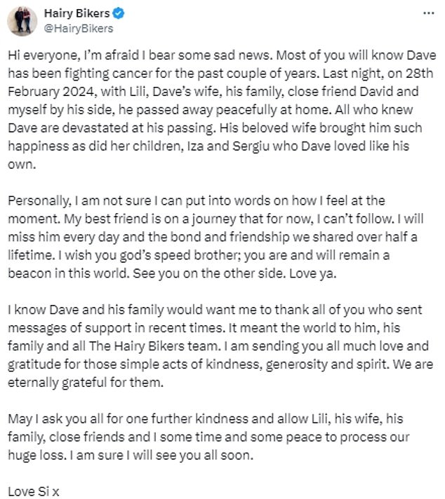 Си объявил печальную новость в заявлении, опубликованном в социальных сетях, заявив, что он будет скучать по своему другу «каждый день».