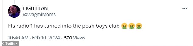 Поклонники были встревожены этой новостью, а один разгневанный слушатель написал в Твиттере: «Ffs Radio 1 превратилось в клуб шикарных мальчиков».