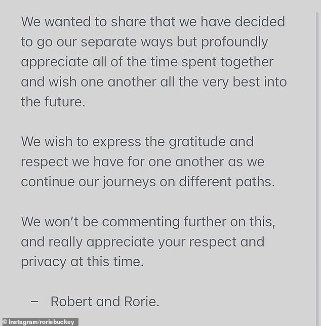 Пара сделала шокирующее заявление в совместном заявлении, опубликованном в Instagram Story Рори в субботу утром.