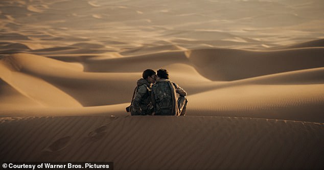 Поль (Шаламет) и Чани (Зендая) целуются на песчаных дюнах Арракиса.  В основном действие разворачивается в нежных оттенках коричневого и бежевого, как будто художникам-постановщикам велели ограничиться краями цветовой шкалы Farrow & Ball.