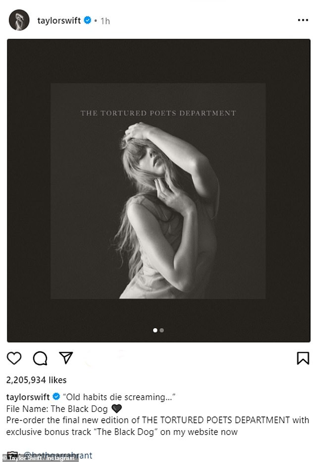 34-летняя певица рассказала, что окончательная версия ее предстоящего альбома The Tortured Poets Department будет включать бонус-трек под названием The Black Dog.