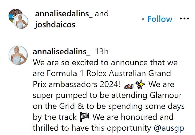 25-летняя звезда AFL и его подруга-модель отправились в субботу в Instagram, чтобы подтвердить, что они оба являются послами Гран-при Австралии Формулы-1 Rolex 2024 года.