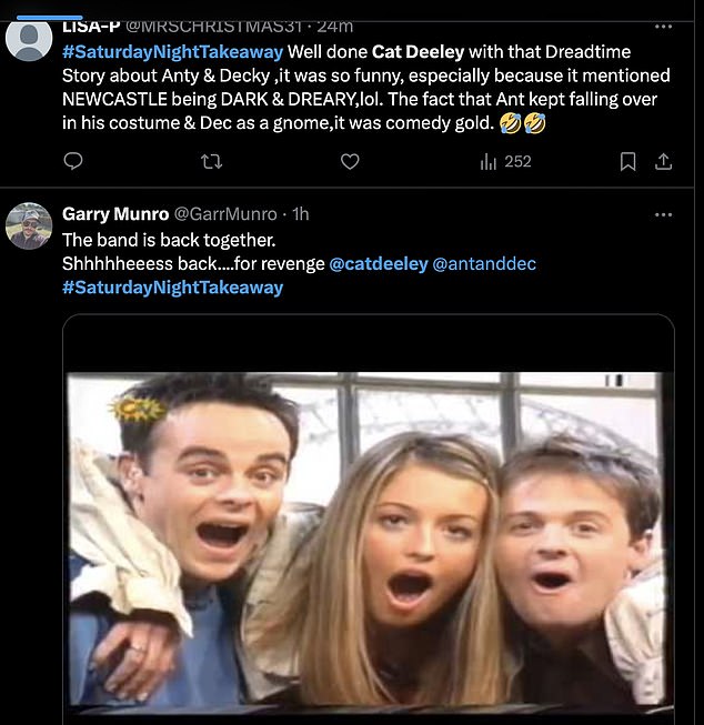 Зрители были в истерике, некоторые восторгались воссоединением Cat, Ant и Dec и вспоминали легендарную скетч-комедию 1998 года SMTV Live на ITV, в которой трио вместе вело шоу.