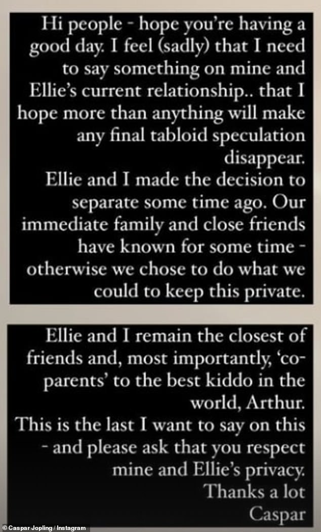 Каспар добавил: «Мы с Элли остаемся близкими друзьями и, что наиболее важно, «сородителями» лучшего ребенка в мире, Артура».