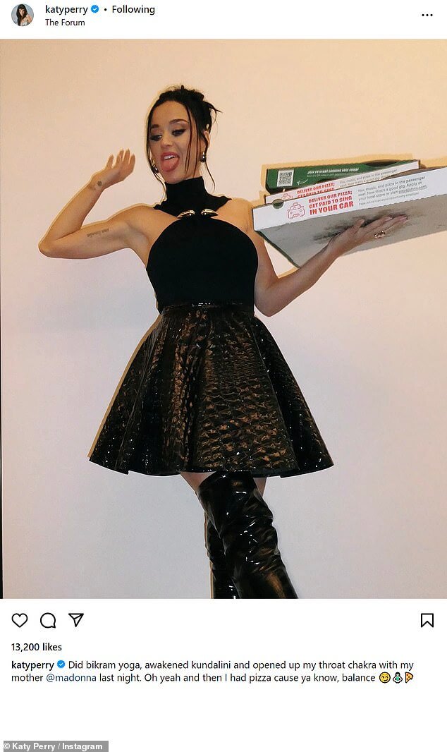 Кэти Перри блистала в черном наряде на концерте Мадонны в Лос-Анджелесе и угощалась пиццей Papa Johns после шоу