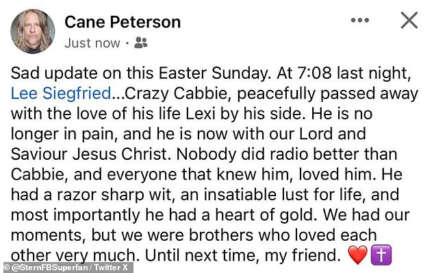 В воскресенье бывший партнер Кэбби по телерадиовещанию Кейн Петерсон опубликовал в Facebook сообщение о том, что Кэбби «мирно скончался» в субботу вечером «с любовью всей своей жизни Лекси рядом с ним».
