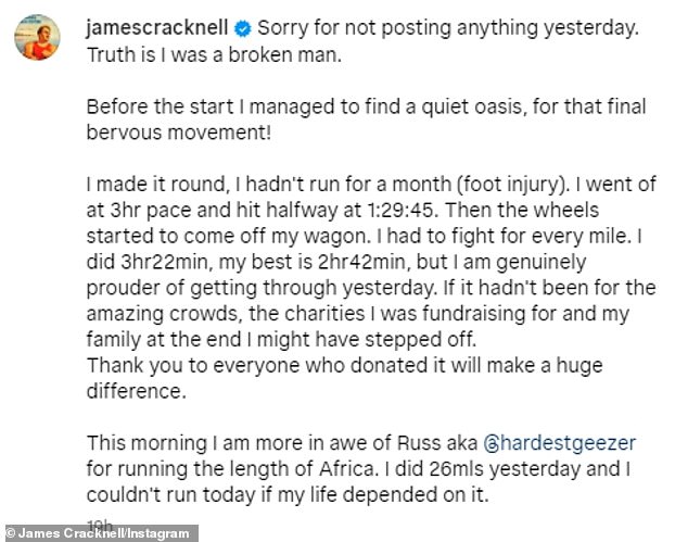 Джеймс Крэкнелл говорит, что он «сломанный человек» после того, как в воскресенье пробежал 26-мильный Лондонский марафон менее чем за четыре часа.