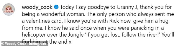 Вуди, который появился в реалити-шоу Netflix «Круг» в 2019 году, также сослался на покойного мужа своей бабушки Рика Пекхэма в трогательном сообщении.