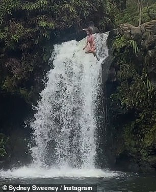 Трое также отправились к водопаду, где по очереди прыгали с лесистой скалы в воду внизу.
