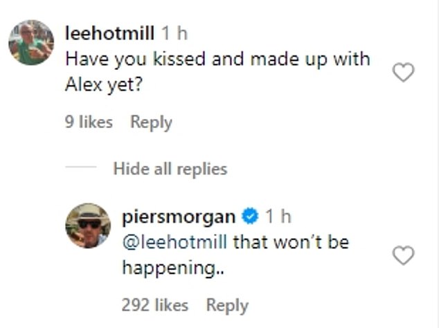 Пирс упомянул о ссоре с Алексом в своем посте в Instagram.  После того, как подписчик прокомментировал: «Вы уже поцеловались и помирились с Алексом?»  он ответил: «Этого не произойдет..»